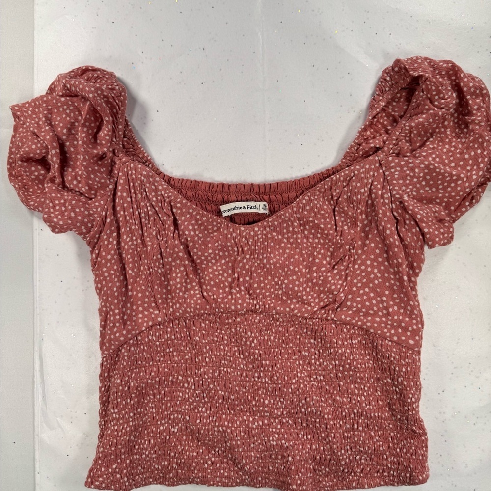 Abercrombie & Fitch Coral Puff-Sleeve Smocked Crop Top